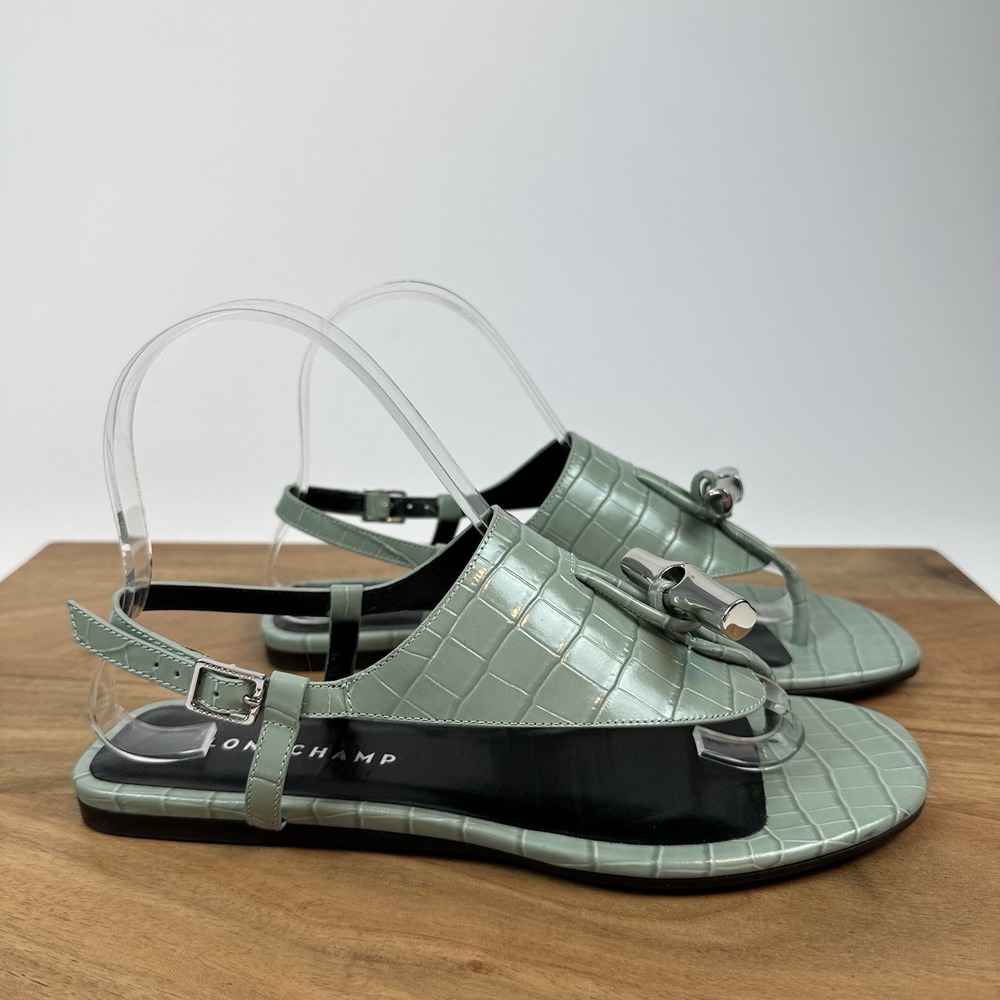 New‎ Womens Longchamp Shield Sage Green Embossed Croc Leather Sandals Size EU 37